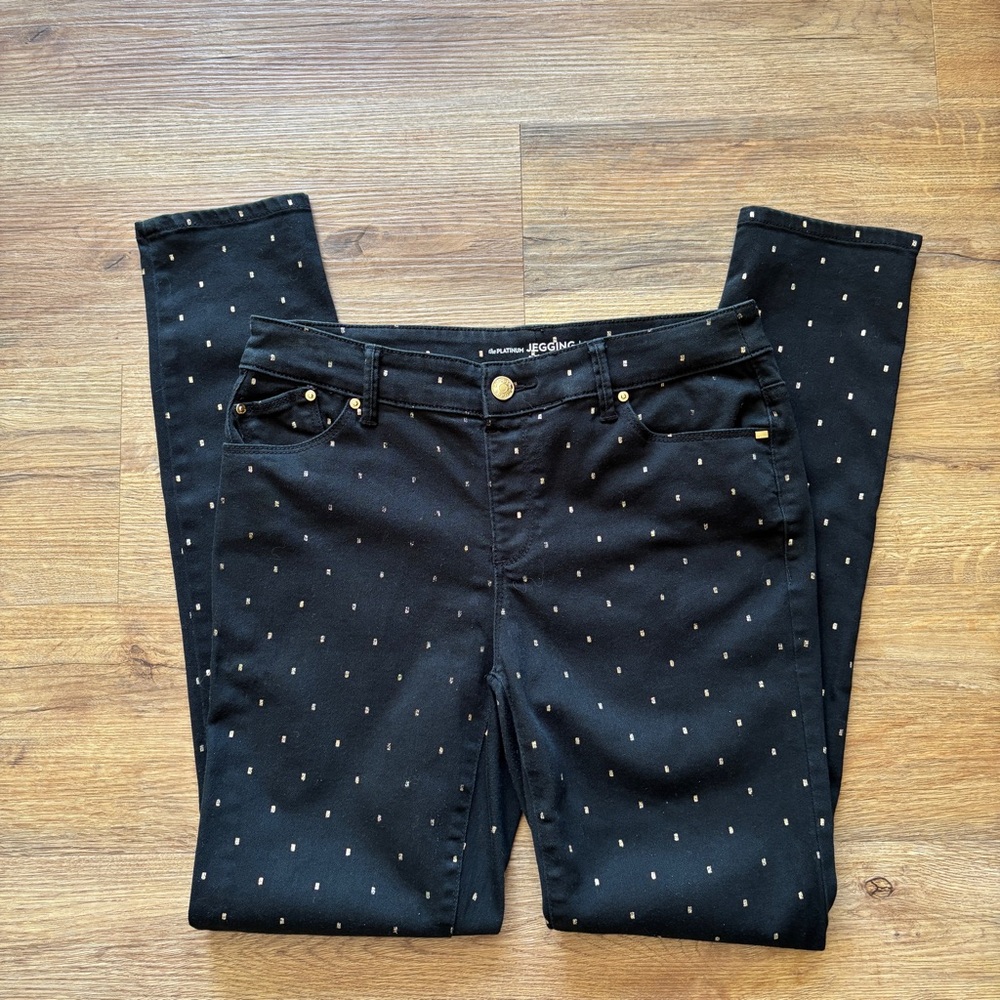 Chico’s the Platinum Mid-Rise Jegging black with gold pattern Sz 4 (Chico’s 0)
